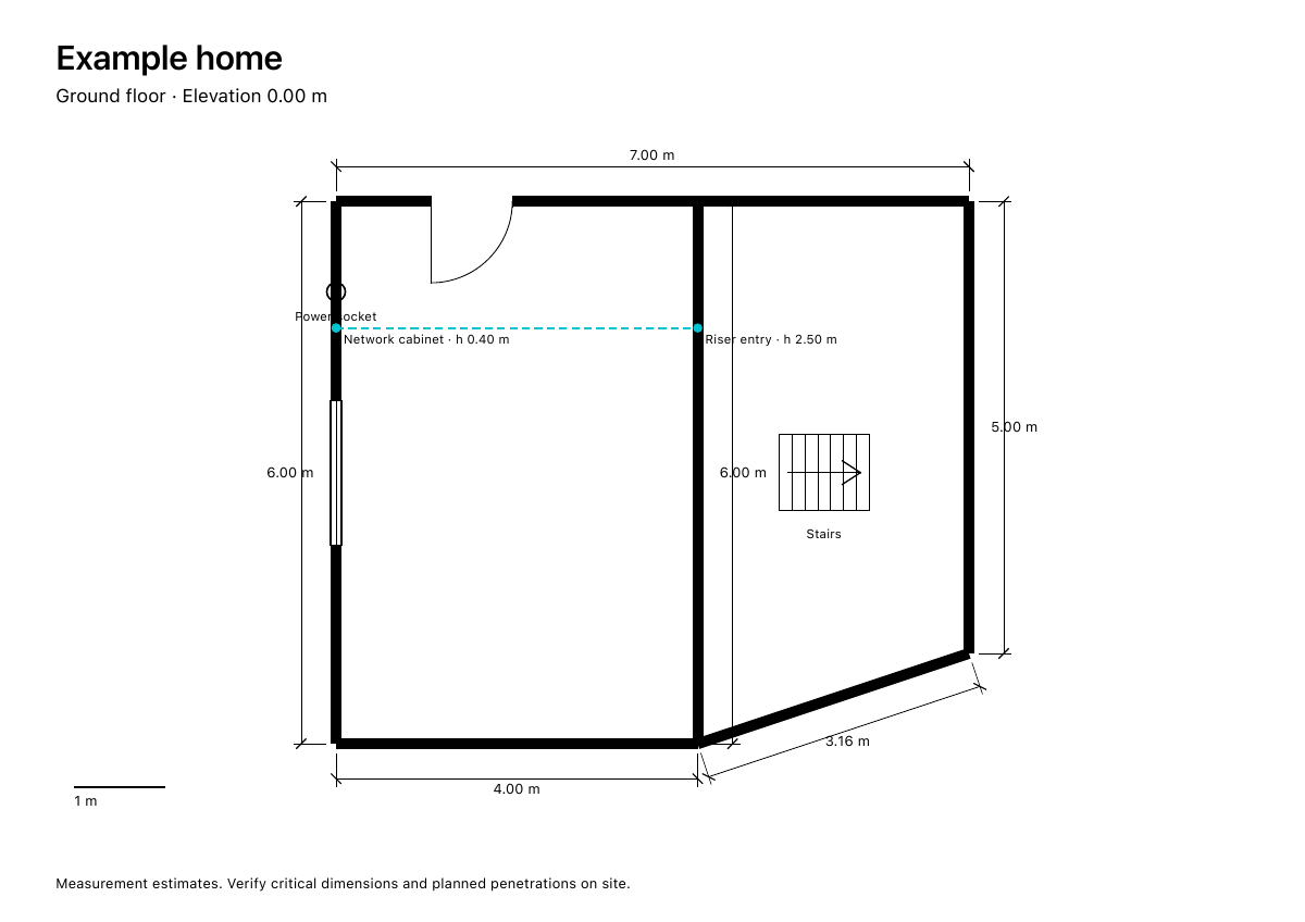 An actual WireTrail example PDF showing walls, a door swing, windows and dimension lines